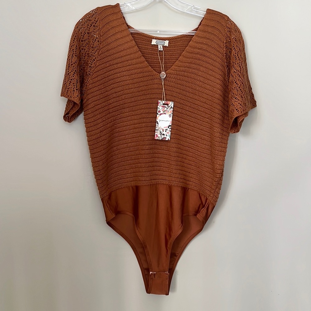 NWT Gimmick Crochet Burnt Orange Bodysuit | S